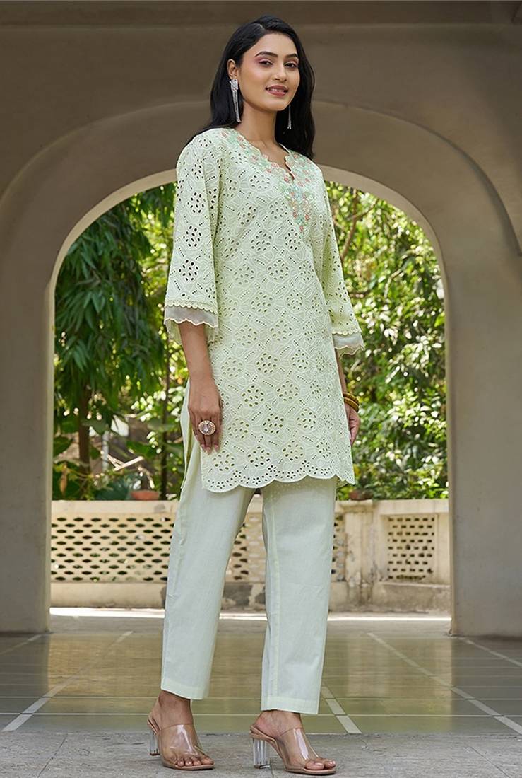 Pista schiffli embroidered pure cotton straight kurta set
