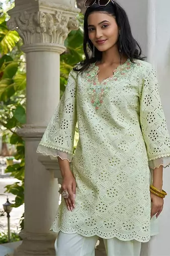 Pista schiffli embroidered pure cotton straight kurta set