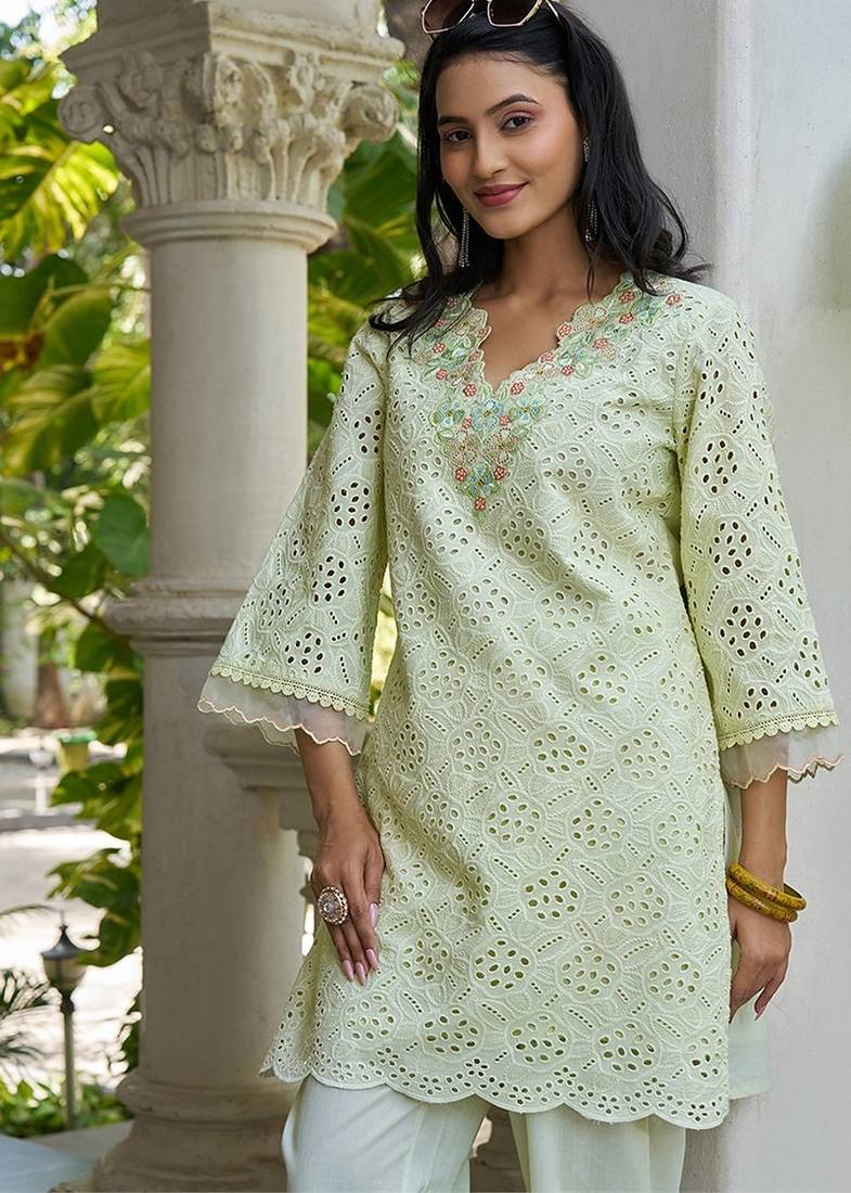 Pista schiffli embroidered pure cotton straight kurta set