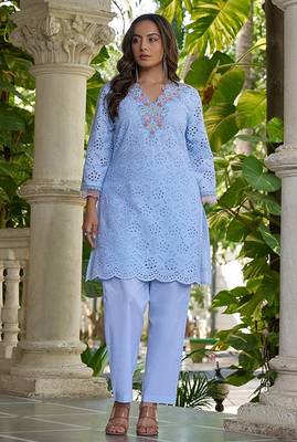 Powder blue schiffli embroidered pure cotton straight kurta set 1