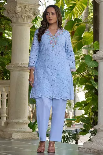 Powder blue schiffli embroidered pure cotton straight kurta set