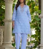 Powder blue schiffli embroidered pure cotton straight kurta set