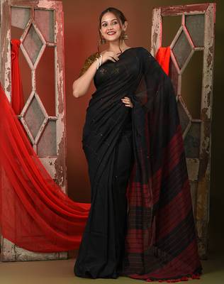 Black  cotton saree with sequine work 1