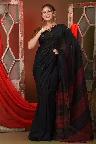 Black  cotton saree with sequine work
