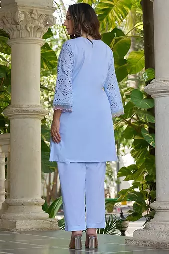 Powder blue schiffli embroidered pure cotton straight kurta set