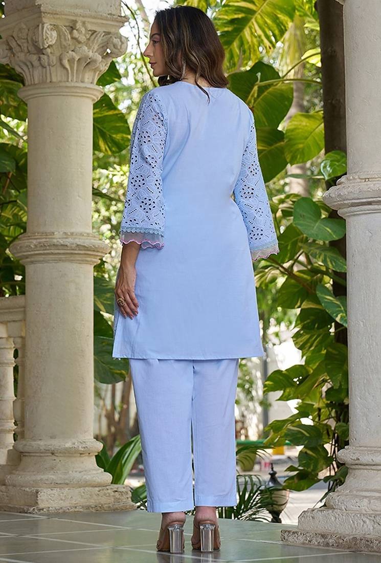 Powder blue schiffli embroidered pure cotton straight kurta set