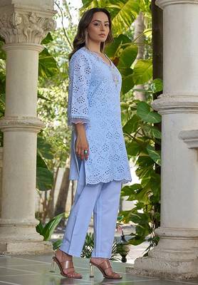 Powder blue schiffli embroidered pure cotton straight kurta set 3
