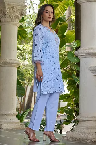 Powder blue schiffli embroidered pure cotton straight kurta set