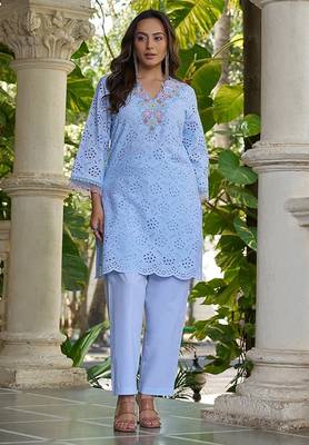 Powder blue schiffli embroidered pure cotton straight kurta set 4