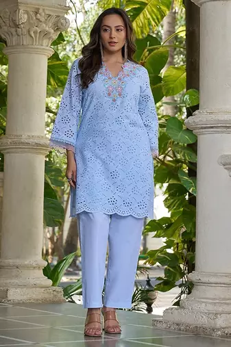 Powder blue schiffli embroidered pure cotton straight kurta set