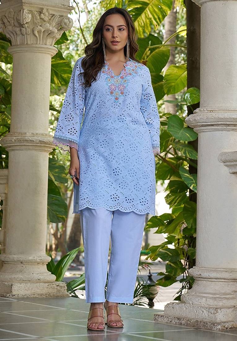Powder blue schiffli embroidered pure cotton straight kurta set