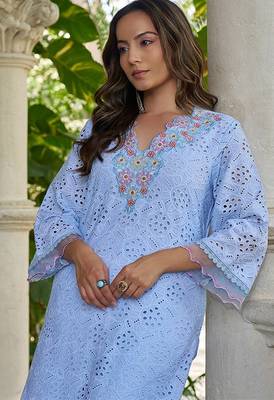 Powder blue schiffli embroidered pure cotton straight kurta set 5