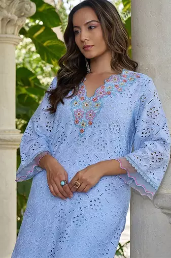 Powder blue schiffli embroidered pure cotton straight kurta set
