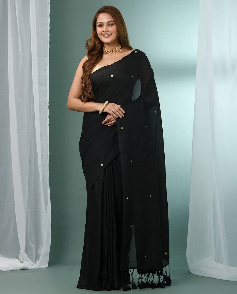 Black pure cotton soft saree with sequined work