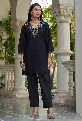 Black schiffli embroidered pure cotton straight kurta set 1