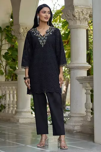 Black schiffli embroidered pure cotton straight kurta set