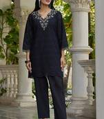 Black schiffli embroidered pure cotton straight kurta set