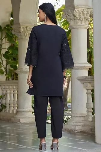 Black schiffli embroidered pure cotton straight kurta set
