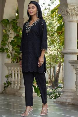 Black schiffli embroidered pure cotton straight kurta set 3