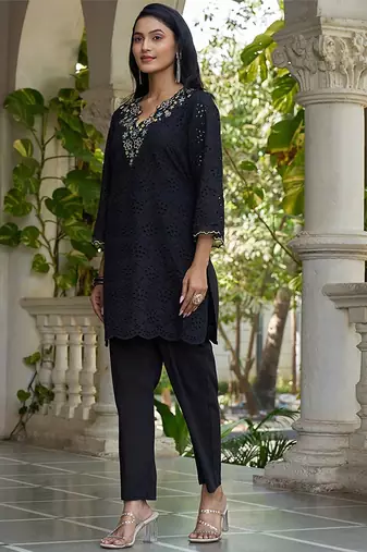 Black schiffli embroidered pure cotton straight kurta set