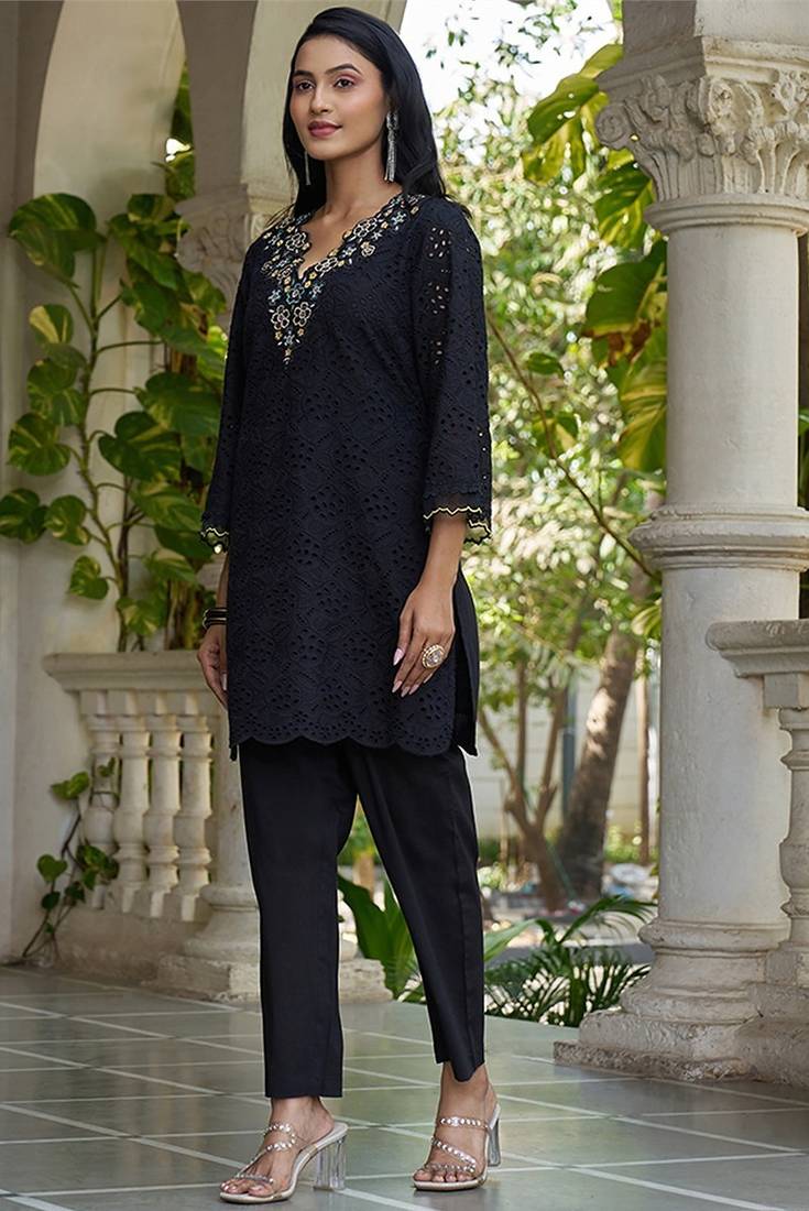 Black schiffli embroidered pure cotton straight kurta set