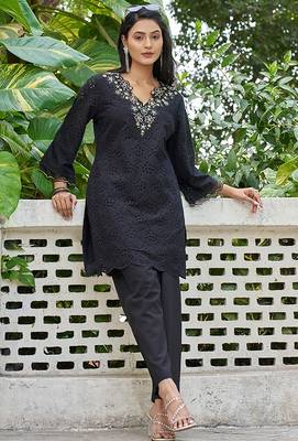 Black schiffli embroidered pure cotton straight kurta set 4