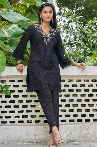 Black schiffli embroidered pure cotton straight kurta set