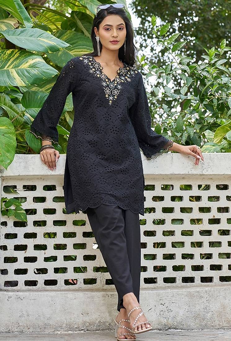 Black schiffli embroidered pure cotton straight kurta set