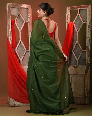 Moss green pure cotton soft saree with sequined work 2