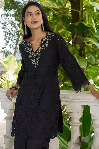 Black schiffli embroidered pure cotton straight kurta set