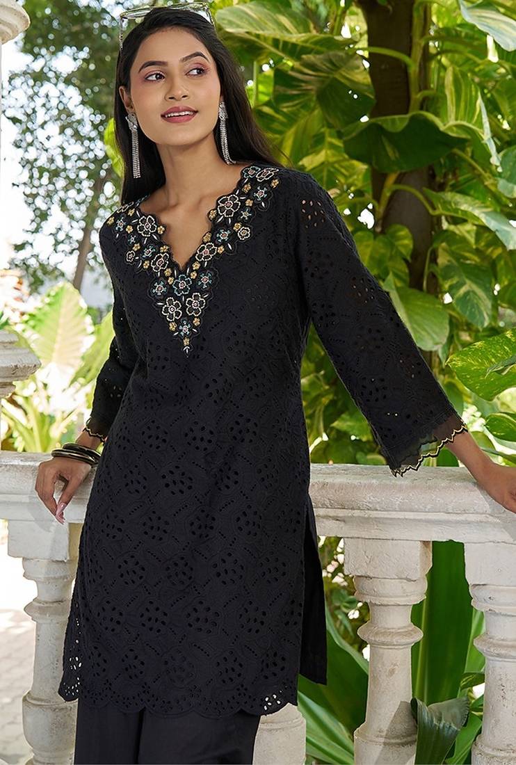 Black schiffli embroidered pure cotton straight kurta set