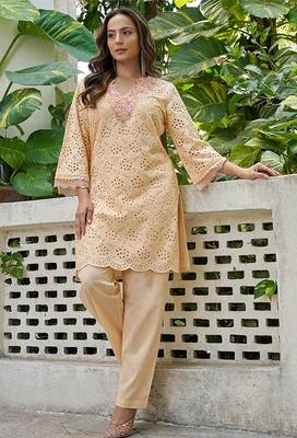 Peach schiffli embroidered pure cotton straight kurta set 1