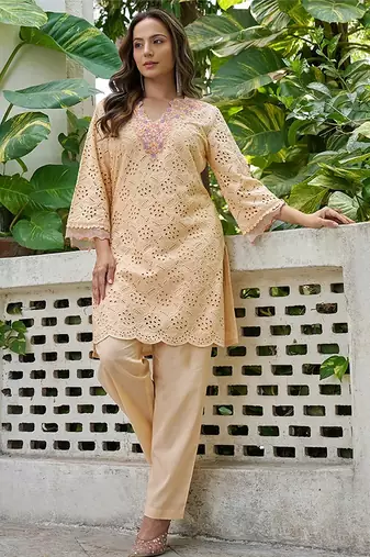 Peach schiffli embroidered pure cotton straight kurta set