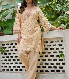 Peach schiffli embroidered pure cotton straight kurta set