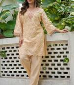 Peach schiffli embroidered pure cotton straight kurta set