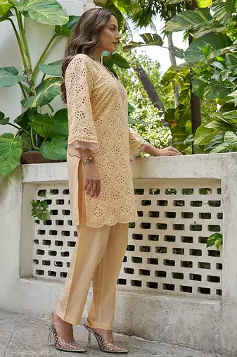 Peach schiffli embroidered pure cotton straight kurta set