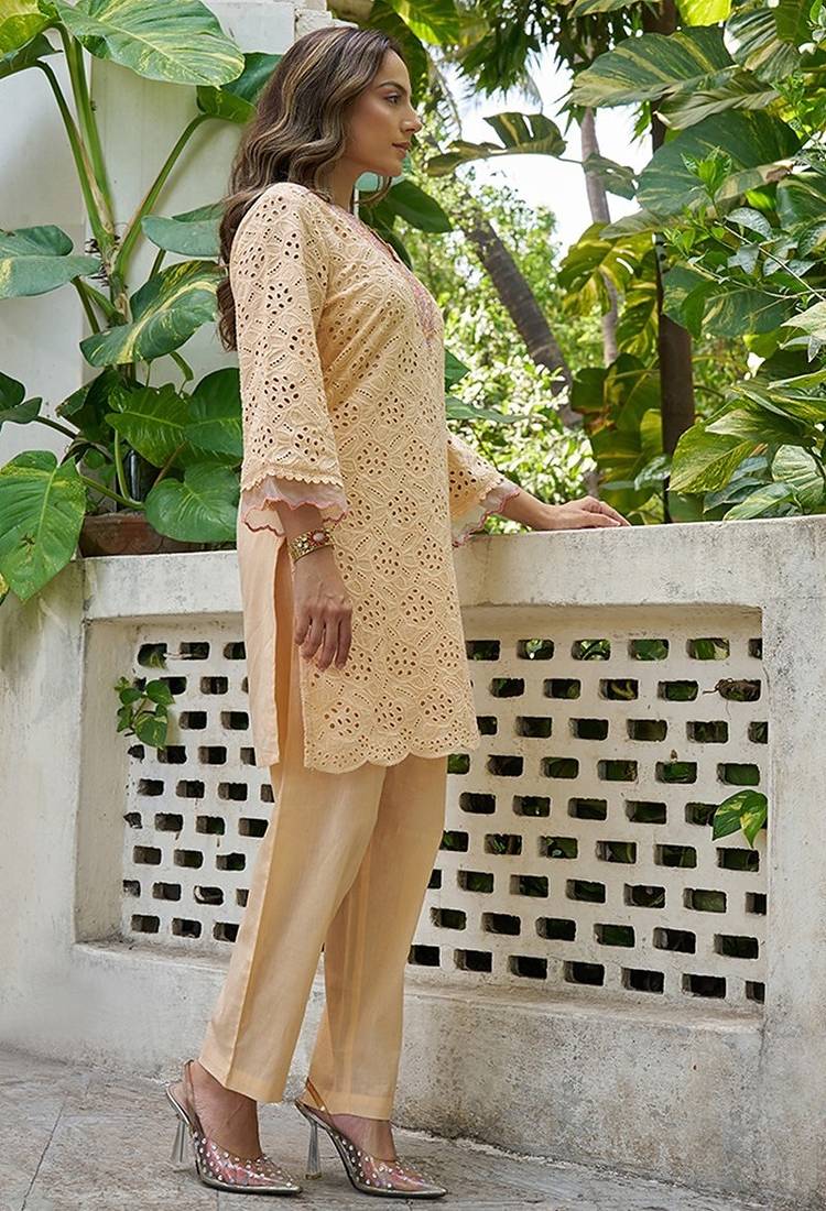 Peach schiffli embroidered pure cotton straight kurta set