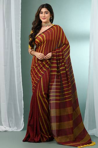 Dark red cotton saree with stripes pattern