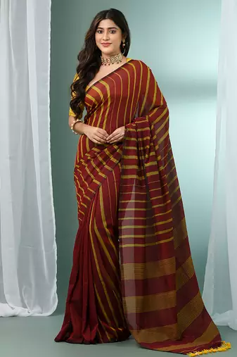 Dark red cotton saree with stripes pattern