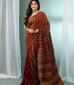 Dark red cotton saree with stripes pattern