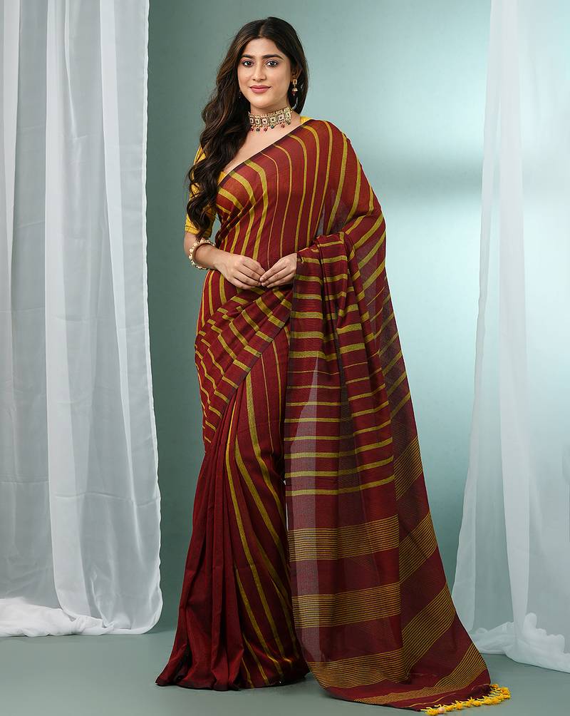 Dark red cotton saree with stripes pattern