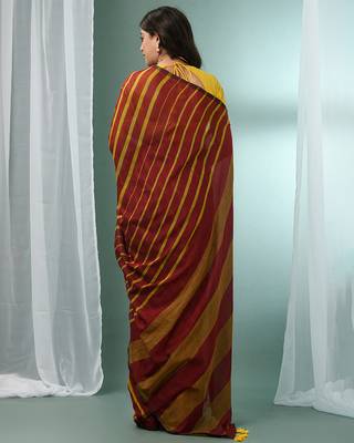 Dark red cotton saree with stripes pattern 2