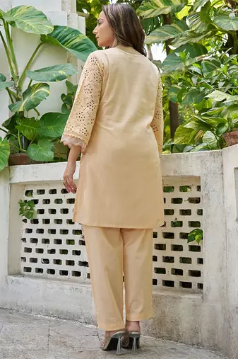 Peach schiffli embroidered pure cotton straight kurta set