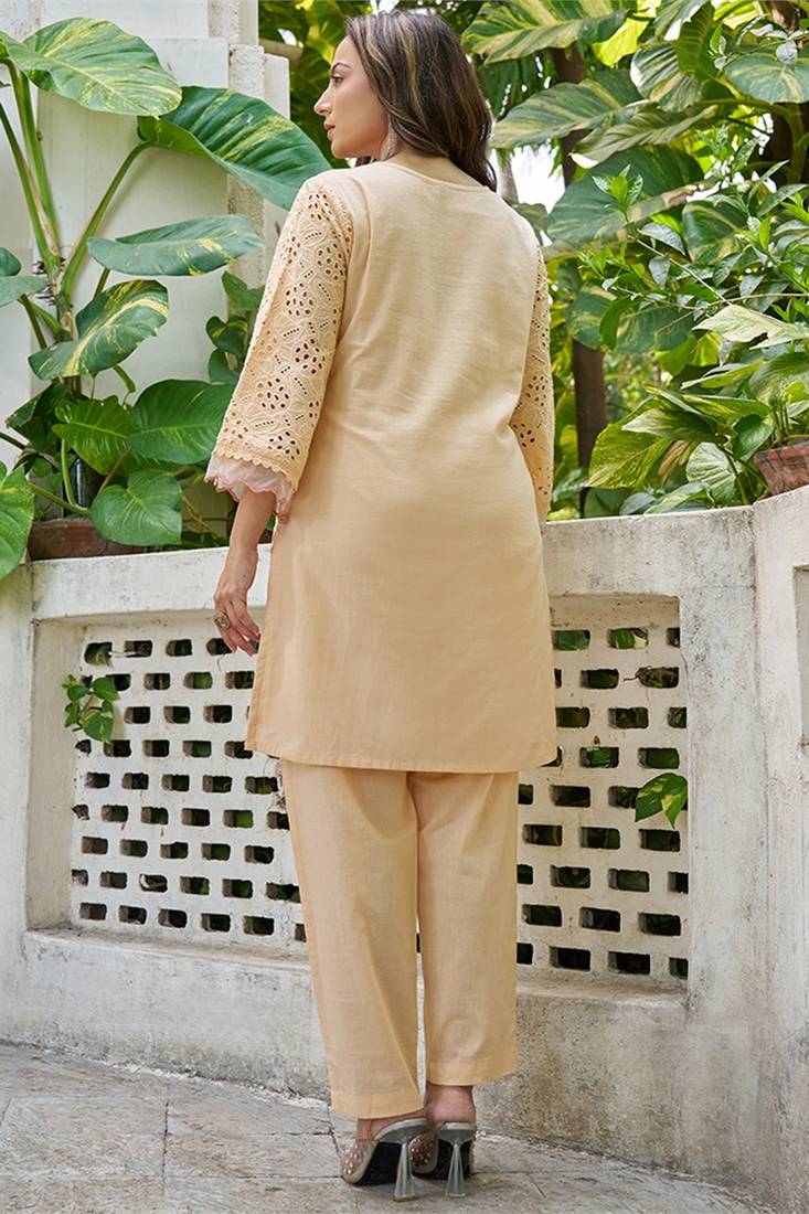 Peach schiffli embroidered pure cotton straight kurta set