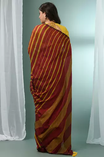 Dark red cotton saree with stripes pattern