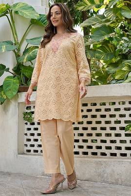 Peach schiffli embroidered pure cotton straight kurta set 4