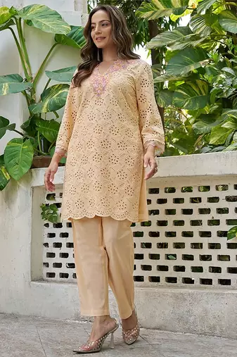 Peach schiffli embroidered pure cotton straight kurta set