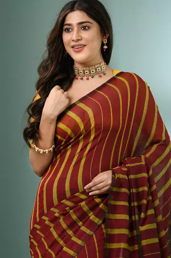 Dark red cotton saree with stripes pattern