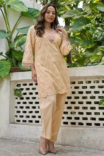 Peach schiffli embroidered pure cotton straight kurta set