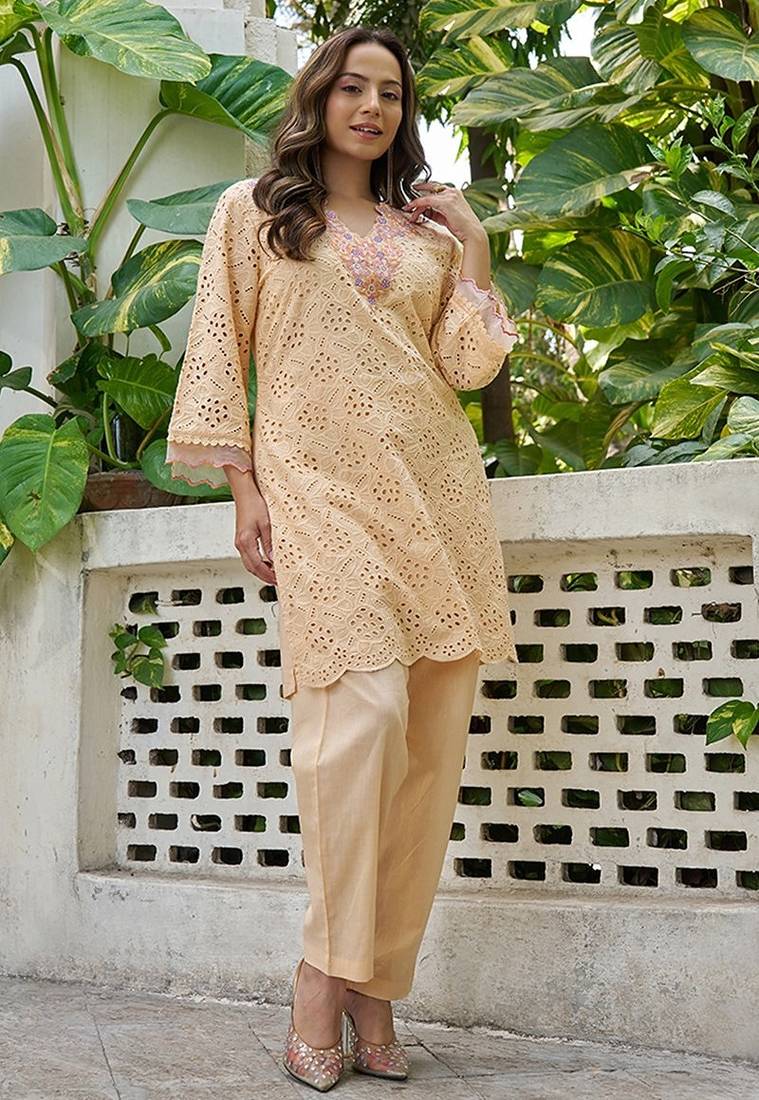 Peach schiffli embroidered pure cotton straight kurta set